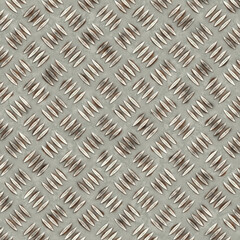 Rugged old anti-slip metal quadruple-bump floor with scratches and rust marks - seamless texture