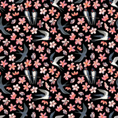 Watercolor pattern with cute swallows and sakura. On a dark background. - 417796011