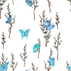 Pattern with bright cute butterflies and willow, in watercolor style! - 417796015