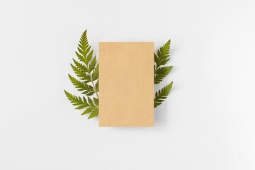 Craft paper rectangle frame mockup with fern green leaves, grass flat lay on white background top...