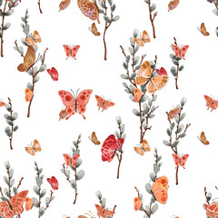 Pattern with bright cute butterflies and willow, in watercolor style! - 417796086