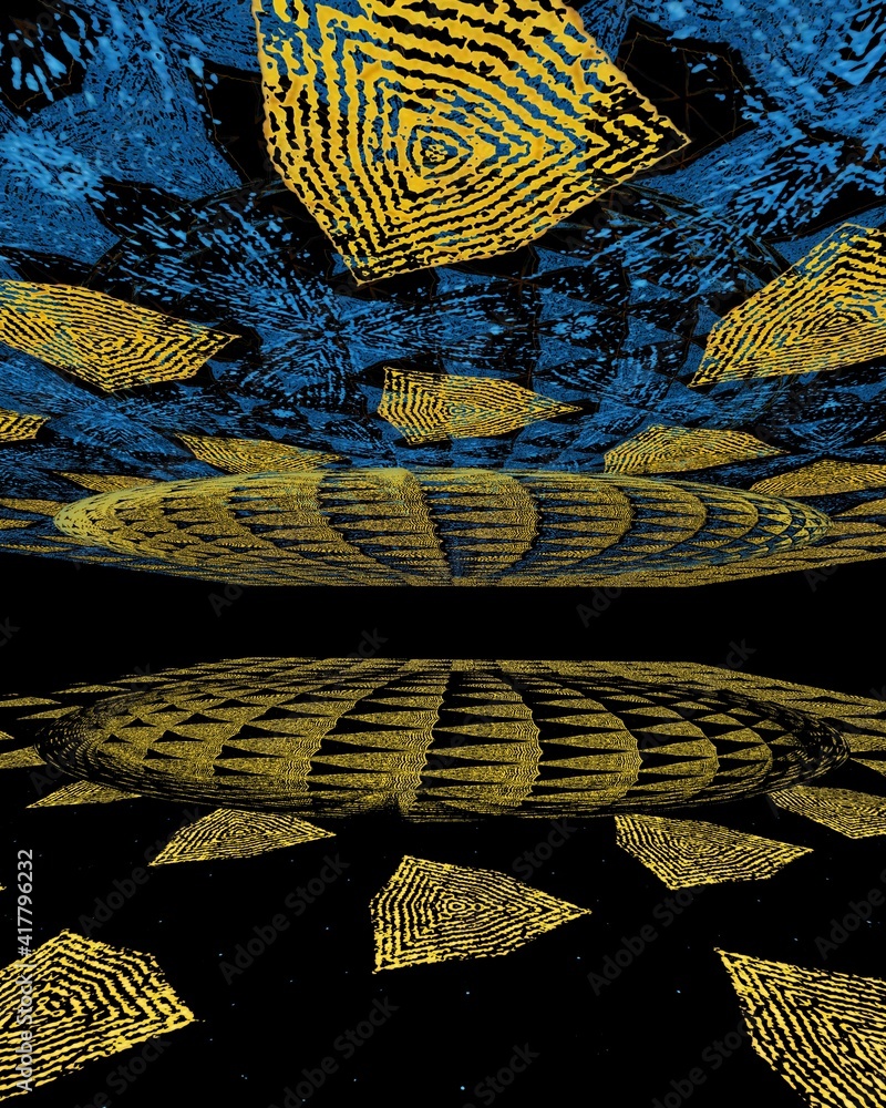 Poster geometric hexagonal mosaic in shades of blue and yellow on a black background with 3d sphere object