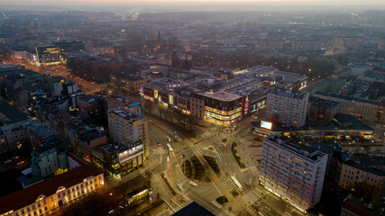 Fototapeta na wymiar Poland, Szczecin 03/03/2021. Panorama of the city, view from the drone. The photo shows the view of the old town and the cathedral
