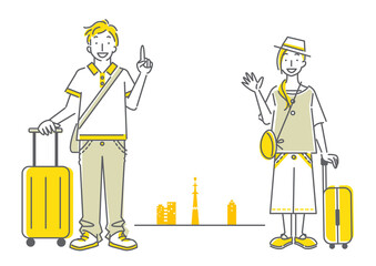 旅行を楽しむ若い女性と男性のシンプルでおしゃれな線画イラスト Wall Mural Fumipokkur 旅行を楽しむ若い女性と男性のシンプルでおしゃれな線画イラスト Wall Mural Fumipokkur