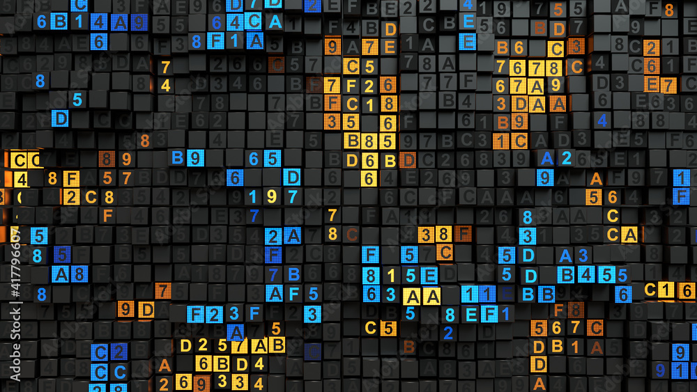 Poster cubes with digital hex code 3d rendering illustration