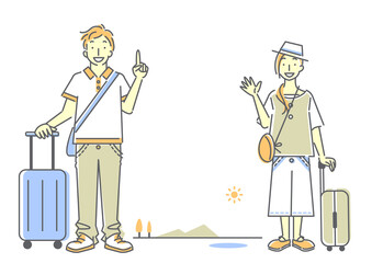 旅行を楽しむ若い女性と男性のシンプルでおしゃれな線画イラスト Wall Mural Atelier Fmika 旅行を楽しむ若い女性と男性のシンプルでおしゃれな線画イラスト Wall Mural Atelier Fmika