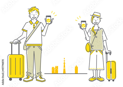 スマホで便利に旅行する若い女性と男性のシンプルでおしゃれな線画イラスト App Wall Mural A Fumika Shibata