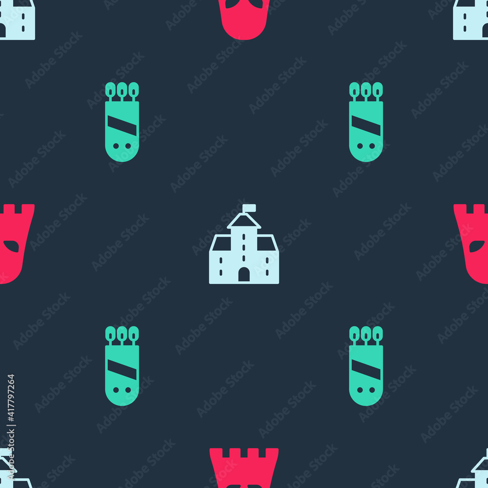 Poster set executioner mask, castle, fortress and quiver with arrows on seamless pattern. vector.