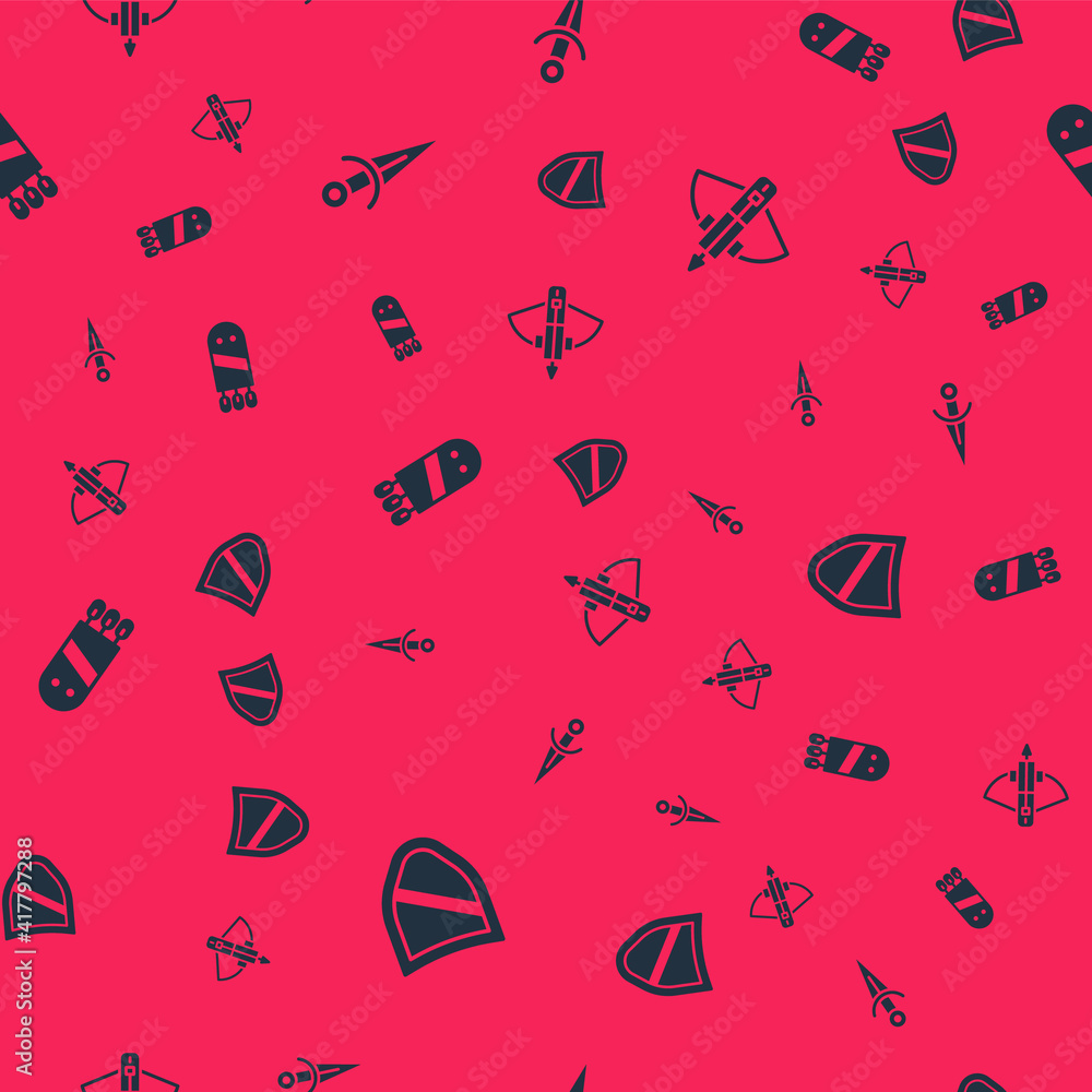 Poster set shield, dagger, quiver with arrows and battle crossbow on seamless pattern. vector.