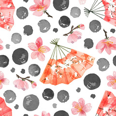 Seamless pattern with Japanese theme in watercolor style. Watercolor sakura. Japanese elements. - 417797432