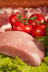 Fresh Raw Meat Background with Pork fillet, Beef Meat, Turkey and ground beef