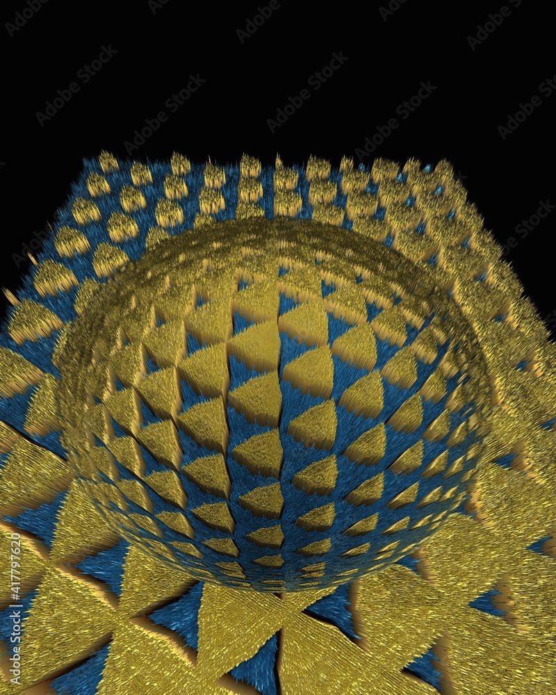 Poster geometric hexagonal mosaic in shades of blue and yellow on a black background with 3d sphere object