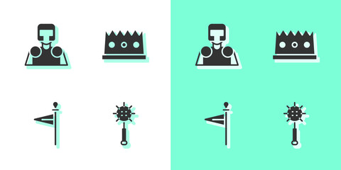 Set Medieval chained mace ball, knight, flag and King crown icon. Vector.