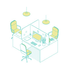 Modern isometric office cubicles on white. Vector illustration in flat design, isolated. Outlined, linear style.
