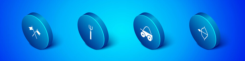 Set Isometric Crossed medieval flag, Wooden four-wheel cart, Medieval bow and arrow and Garden pitchfork icon. Vector.