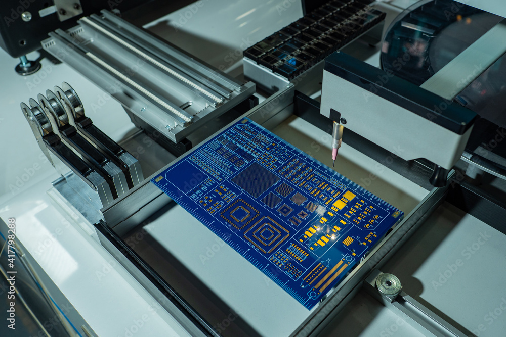 Poster machine for creating microcircuits. printer for electronic circuit boards. chip production. robot pr