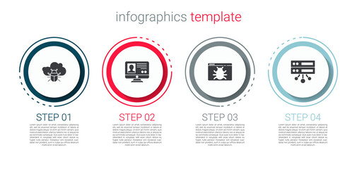 Set System bug on a cloud, Create account screen, and Server, Data, Web Hosting. Business infographic template. Vector.