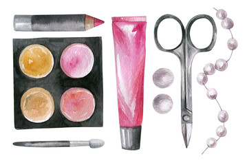 Naklejka premium A set of decorative cosmetics. Eyeshadow palette, nail scissors and pearl thread. Aquarium drawing.