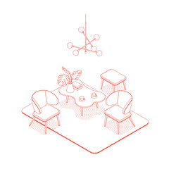 Modern red isometric lobby room on white. Vector illustration in flat design, isolated. Outlined, linear style.
