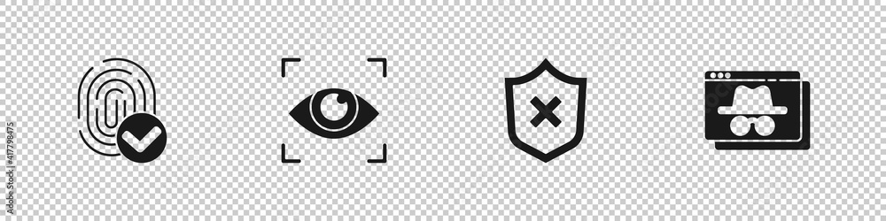 Poster set fingerprint, eye scan, shield with cross mark and browser incognito window icon. vector.