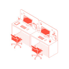 Modern red isometric office desks on white. Vector illustration in flat design, isolated. Outlined, linear style.