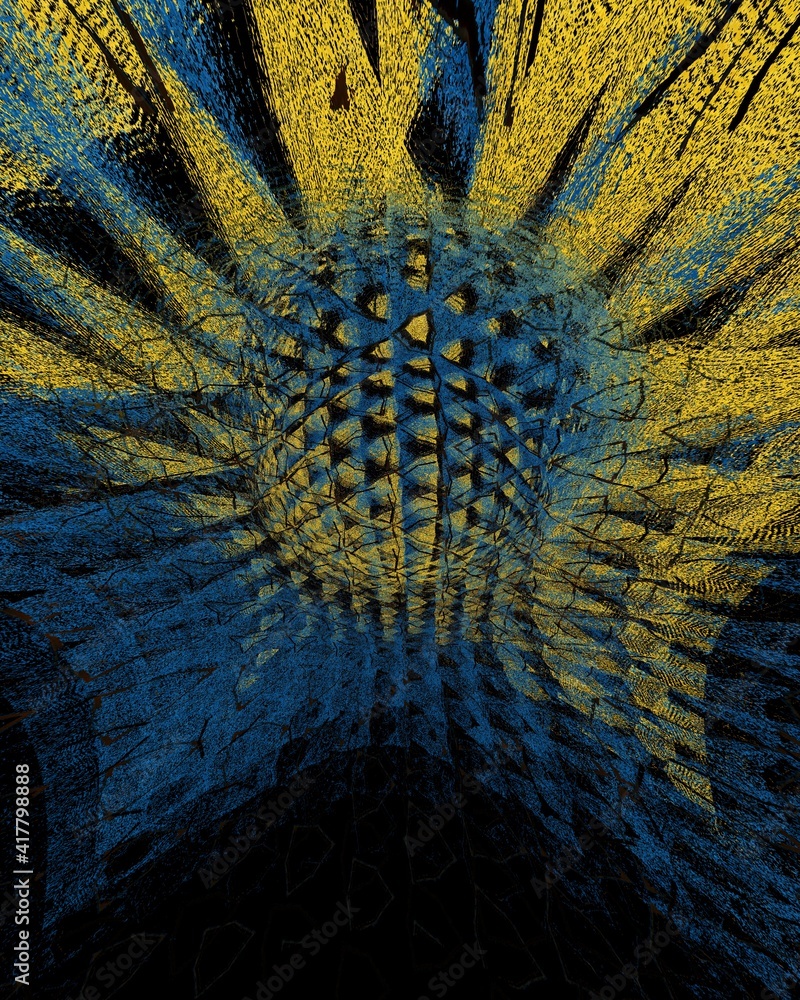 Poster geometric hexagonal mosaic in shades of blue and yellow on a black background with 3d sphere object