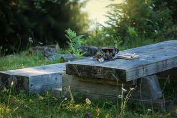 A cup with natural herbal tea, thyme flowers and a notebook on a rough wooden table in a green meadow. Selective artistic focus