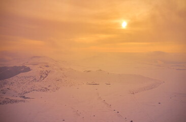 beautiful winter landscape in golden sunset light, Dobrogea, Romania