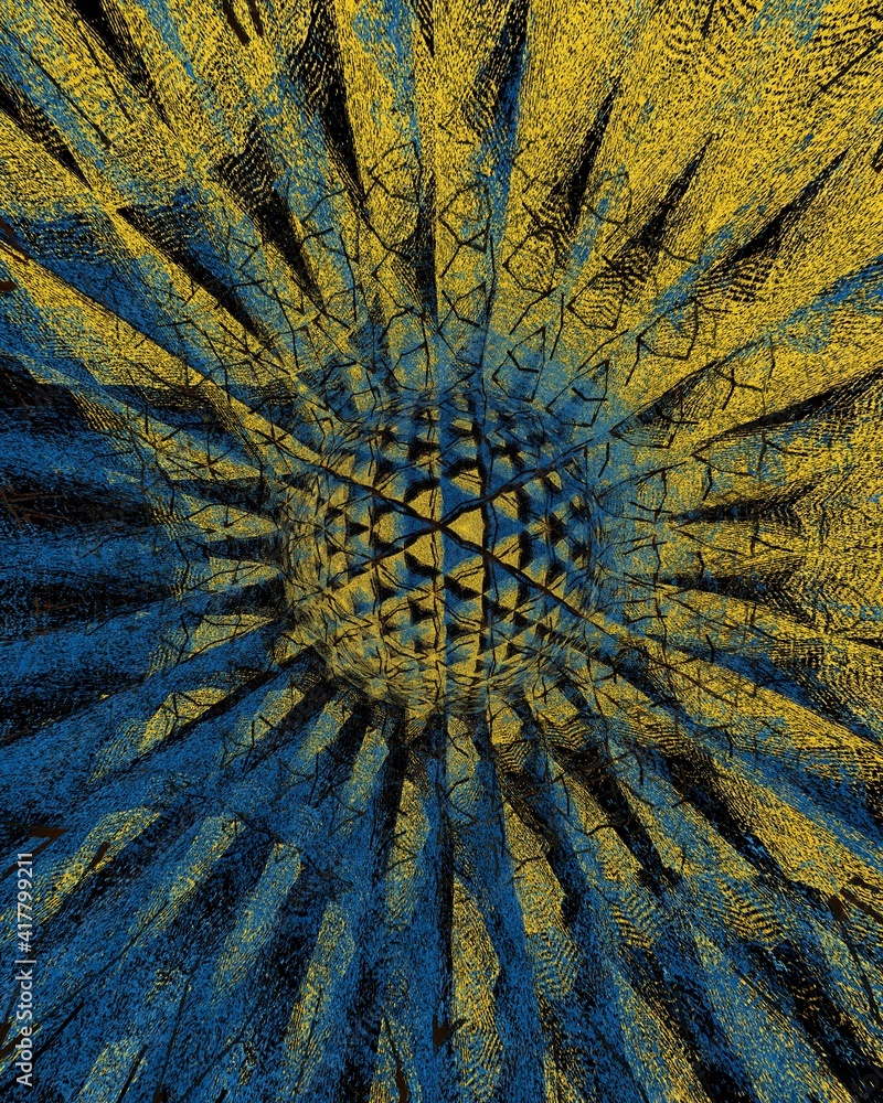 Poster geometric hexagonal mosaic in shades of blue and yellow on a black background with 3d sphere object