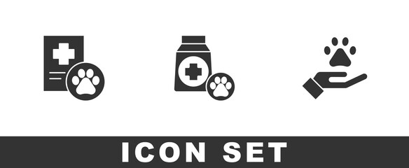 Set Clinical record pet, Bag of food and Hands with animals footprint icon. Vector.