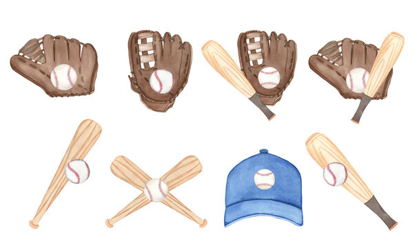 Watercolor baseball compositions, painted on white background, hand drawn