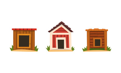 Set of Wooden Doghouses, Small House for Dogs at Backyard Cartoon Vector Illustration