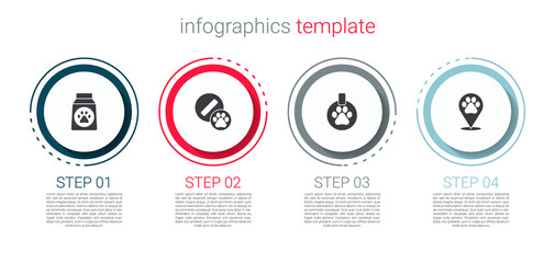 Set Bag of food, Dog pill, Collar with name tag and Location veterinary. Business infographic template. Vector.