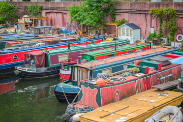 Row of narrow boats at Lisson Grove mooring site in London