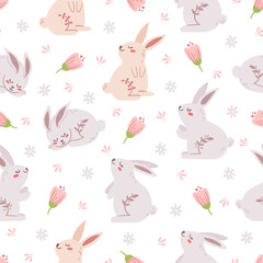 Easter pastel kids seamless pattern, boho easter baby rabbit or bunny digital paper, cartoon spring floral endless background for nursery textile, scrapbooking, wrapping paper, wallpaper
