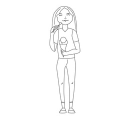 Young woman standing and eating ice-cream. Black and white illustration. Can be used for coloring book.