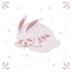 Obraz premium Easter nursery poster, boho Easter kids pre-made card or printable wall art template with cute rabbit or banny, baby animals and flowers for printing, room decorating, vector illustration