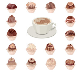 Big set with different chocolate sweets. Cup of coffee isolate on white background. Illustration can be used for restaurant and café menu.
