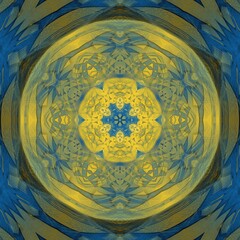 kaleidoscopic hexagonal mosaic in shades of blue and yellow on a black background