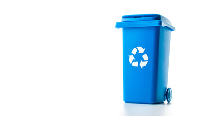 Trash bin. Blue dustbin for recycle paper trash isolated on white background. Container for disposal garbage waste and save environment.