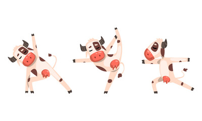 Funny Cow Doing Yoga Set, Cute Cheerful Farm Animal Character Practising Various Asanas Cartoon Vector Illustration