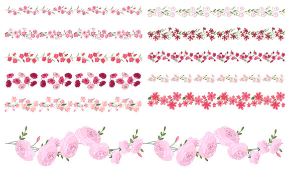 Endless borders with spring and summer flowers. Illustration can be used for floral and festive decoration.