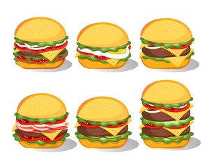 Fast Food Burger set isolated on white background, Fast food menu. Hamburger, cheeseburger, beef burger. Vector illustration