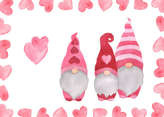 Watercolor Valentine's Scandinavian Pink Gnomes Hearts illustration