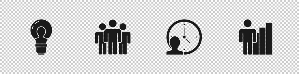 Set Head with lamp bulb, Users group, Time Management and Productive human icon. Vector.
