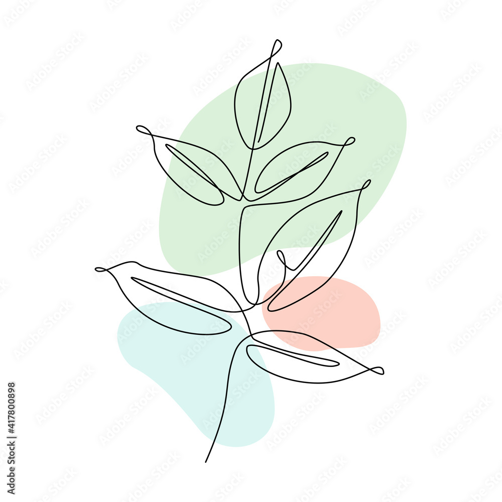 Poster Botanical wall art vector with branch leaves. Continuous one line drawing with abstract pastel shape. Minimalistic and natural wall art. Vector illustration