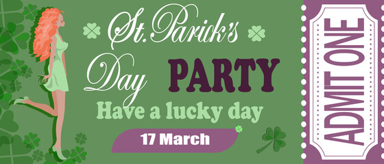 Saint Patrick's Day party celebration invitation, ticket, admit one. Vector illustration. St. Patrick's Day set of flyers brochures, invitation to a holiday, corporate holiday. 