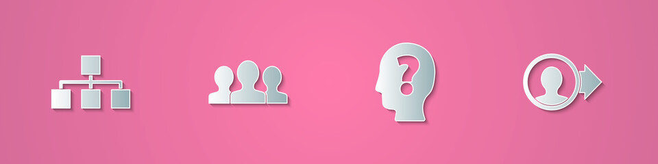 Set paper cut Hierarchy organogram chart, Users group, Head with question mark and Create account screen icon. Paper art style. Vector.