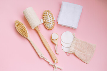 Reusable Eco Set of Body Brushes for Woman on Pink Background Taking Care of Nature