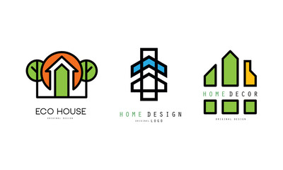 Eco House Design Logo Templates Set, Real Estate, Construction Company, Architect Bureau Green Badges Flat Vector Illustration